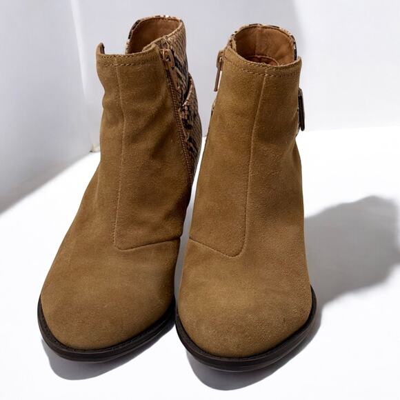 Vionic Naomi Brown Suede Ankle Boots Sz 6 Snake Print Block Heel Zip Up Orthotic - Picture 5 of 11